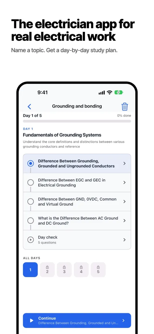 Electrician App study plan: day-by-day grounding and bonding lessons