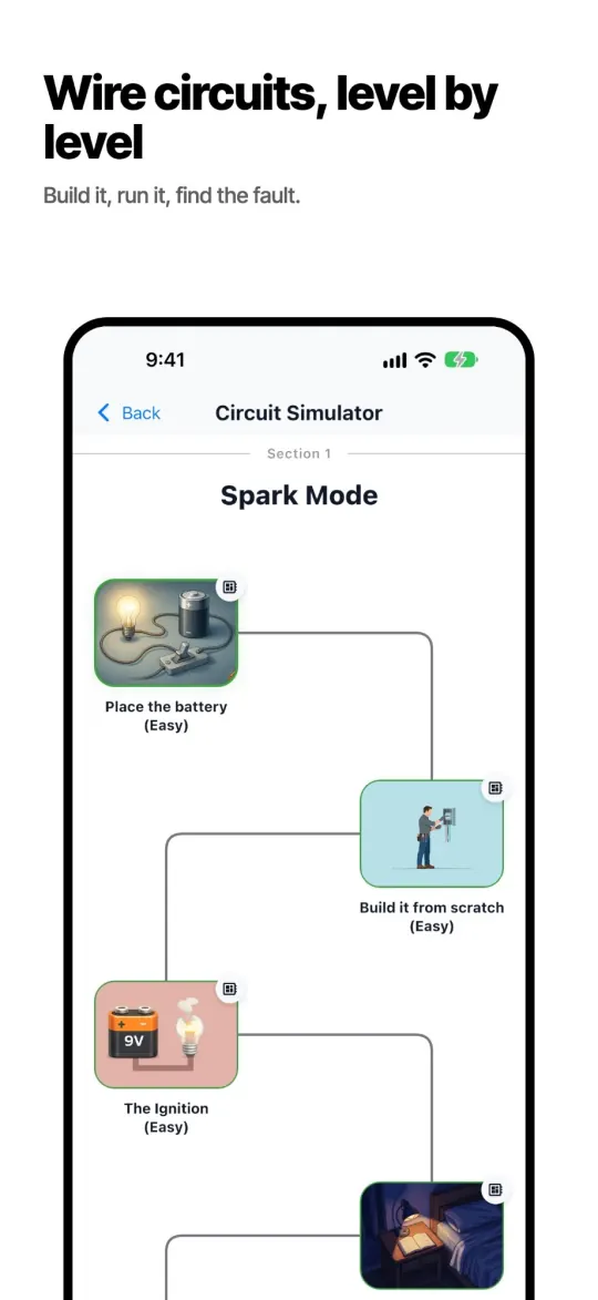 Circuit simulator levels: place the battery, build the circuit, find the fault