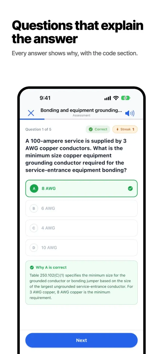 Quiz question with the answer explained and the NEC code section cited