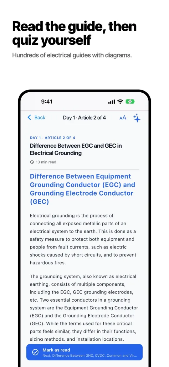 Illustrated electrical guide on EGC vs GEC grounding with a quiz after each article
