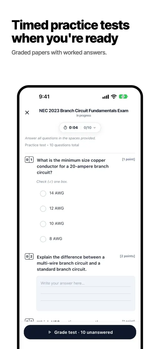 Timed NEC 2023 branch circuit practice test with graded worked answers