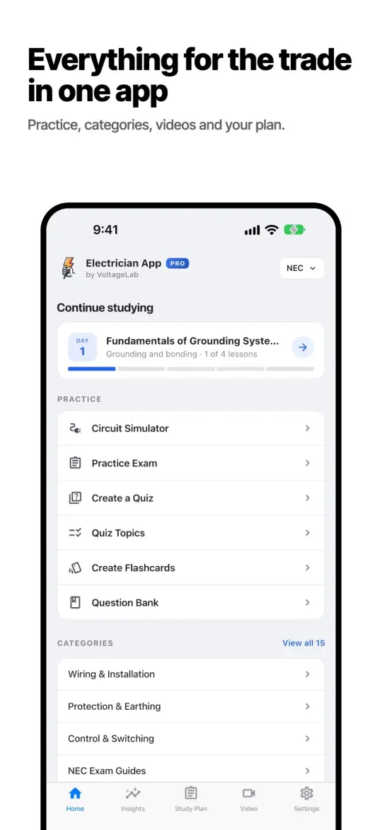 Electrician App home screen with AI quiz generator, code lookup and daily practice tools