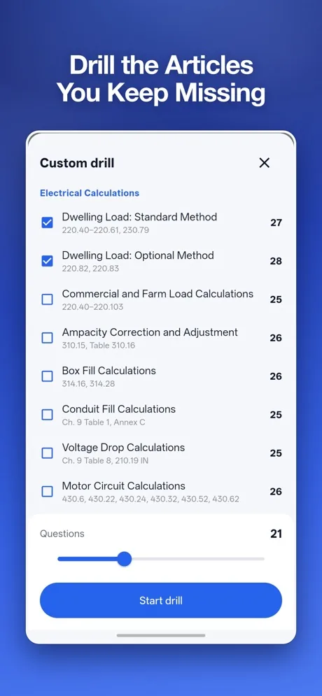 Building a custom NEC practice drill by article and difficulty