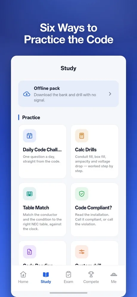 NEC exam prep practice modes including calc drills and table match
