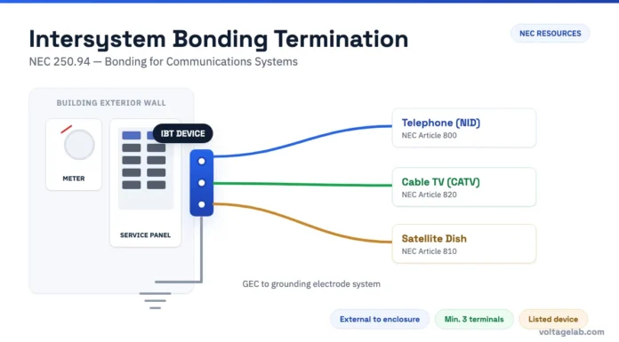 Intersystem Bonding Termination: What It Is & NEC Requirements Intersystem bonding termination (IBT) device mounted externally on a residential service panel with telephone, cable TV, and satellite bonding conductors connected per NEC 250.94