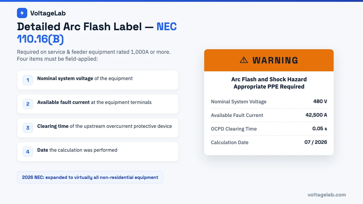 Detailed arc flash label per NEC 110.16(B) showing nominal system voltage, available fault current, OCPD clearing time, and calculation date