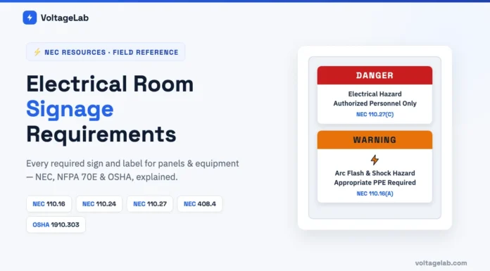 Electrical Room Signage: NEC & NFPA Requirements for Panels & Equipment Electrical room door with DANGER Authorized Personnel Only sign and arc flash warning label per NEC 110.27 and 110.16 requirements