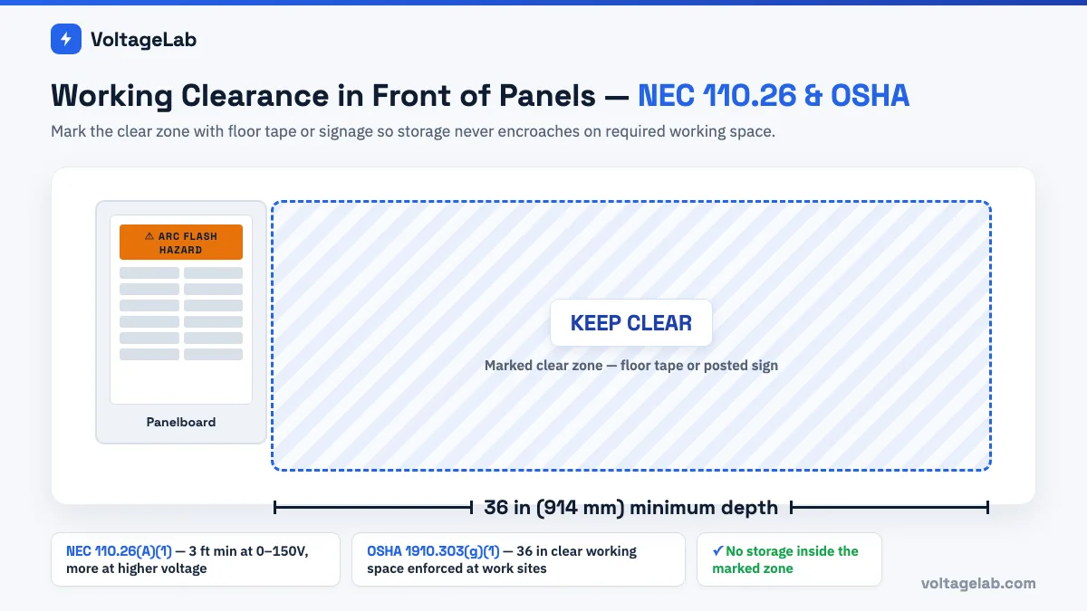 Working clearance diagram showing 36 inch minimum keep-clear zone in front of an electrical panelboard per NEC 110.26 and OSHA 1910.303
