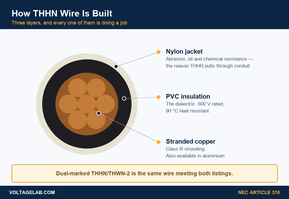 Diagram of THHN wire construction layers: stranded copper conductor, PVC insulation, nylon jacket