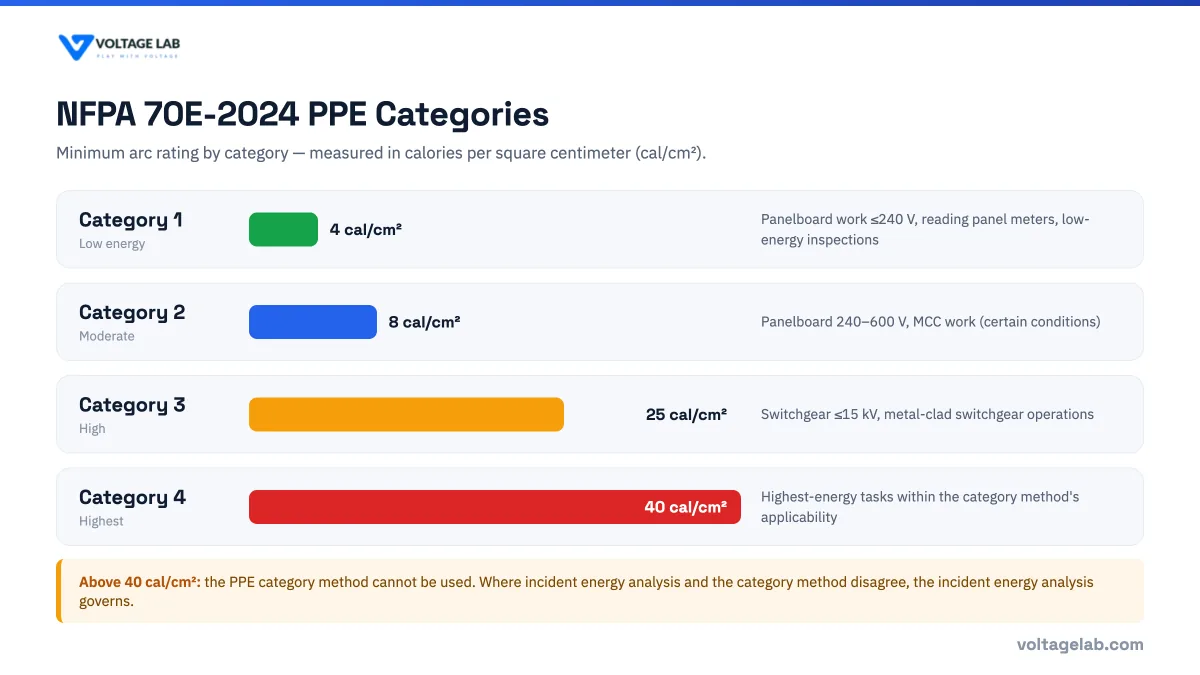 NFPA 70E-2024 PPE categories 1 to 4 with minimum arc ratings of 4, 8, 25, and 40 cal/cm2