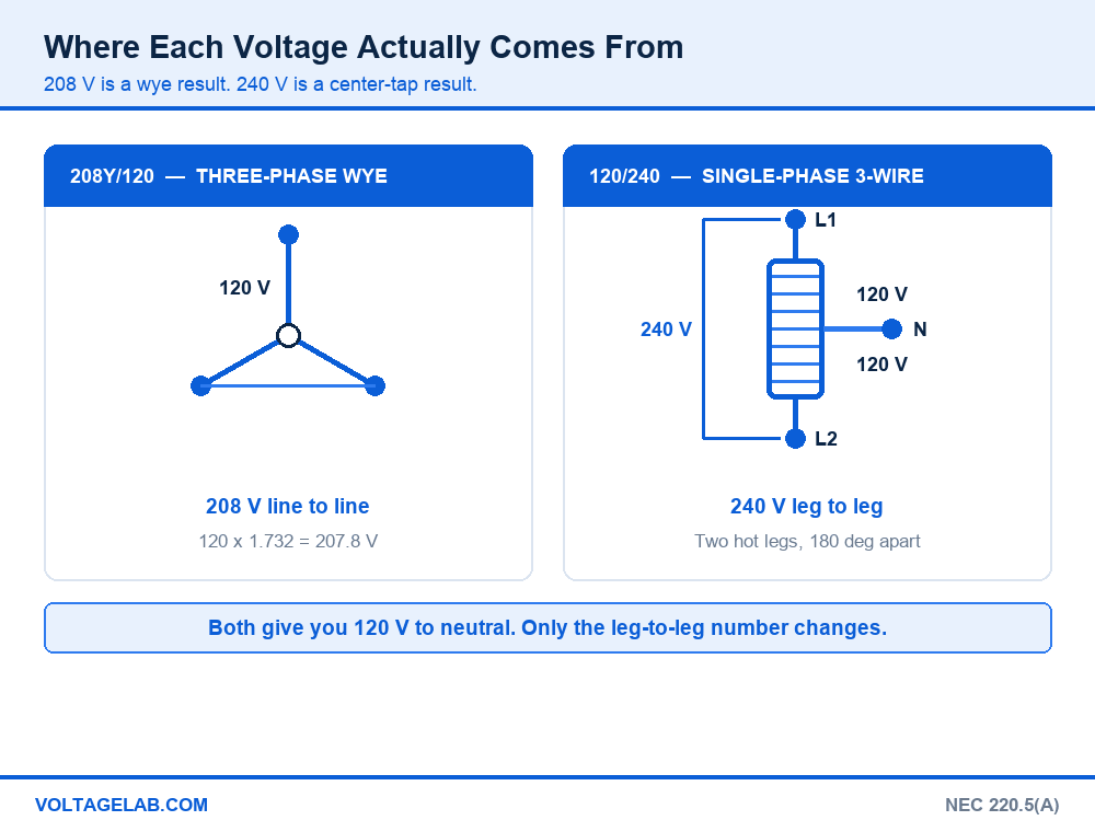 Diagram comparing a 208Y/120 three-phase wye transformer with a 120/240 single-phase center-tapped transformer