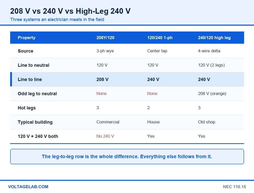 Comparison table of 208Y/120, 120/240 single-phase and 240/120 high-leg delta systems