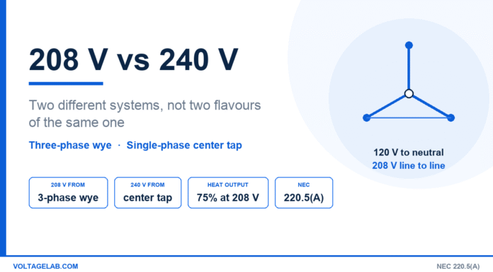 208 V vs 240 V: What’s the Difference and Why It Matters 208V vs 240V comparison showing three-phase wye giving 120V to neutral and 208V line to line