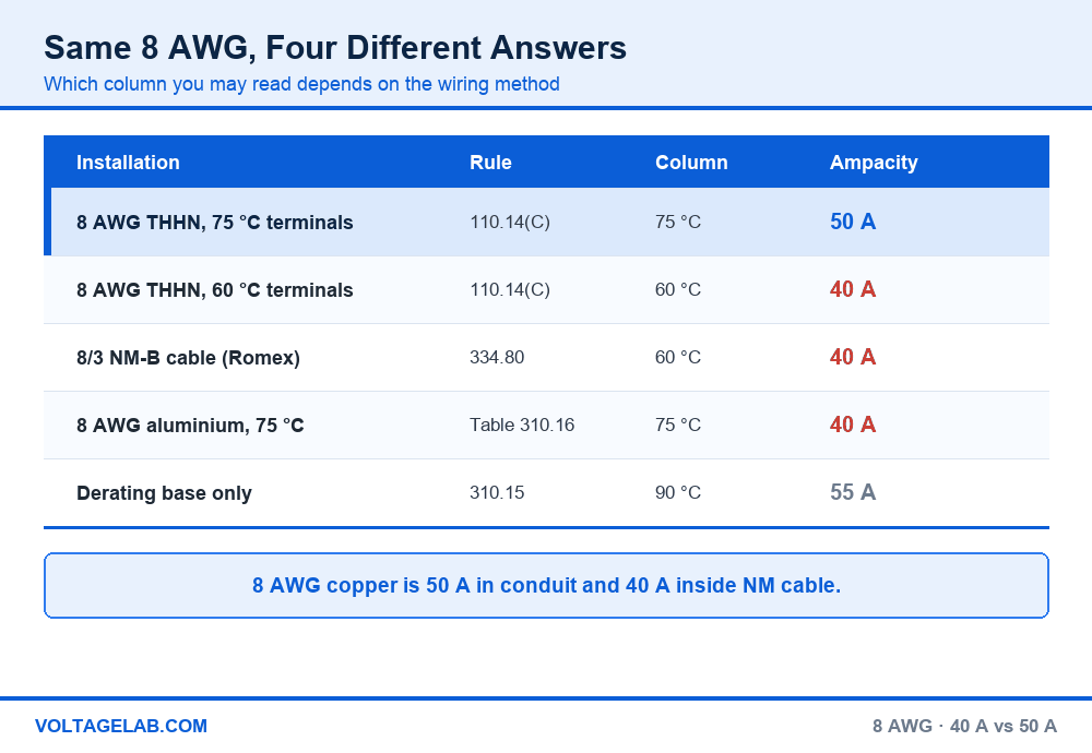 Comparison table showing 8 AWG ampacity of 50 amps in conduit, 40 amps in NM cable and 40 amps for aluminum