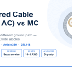 Armored Cable (Type AC) vs MC Cable: Differences Explained Armored cable Type AC cross-section showing interlocked steel armor, kraft paper wrapped conductors and 16 AWG aluminium bonding strip, compared with MC cable