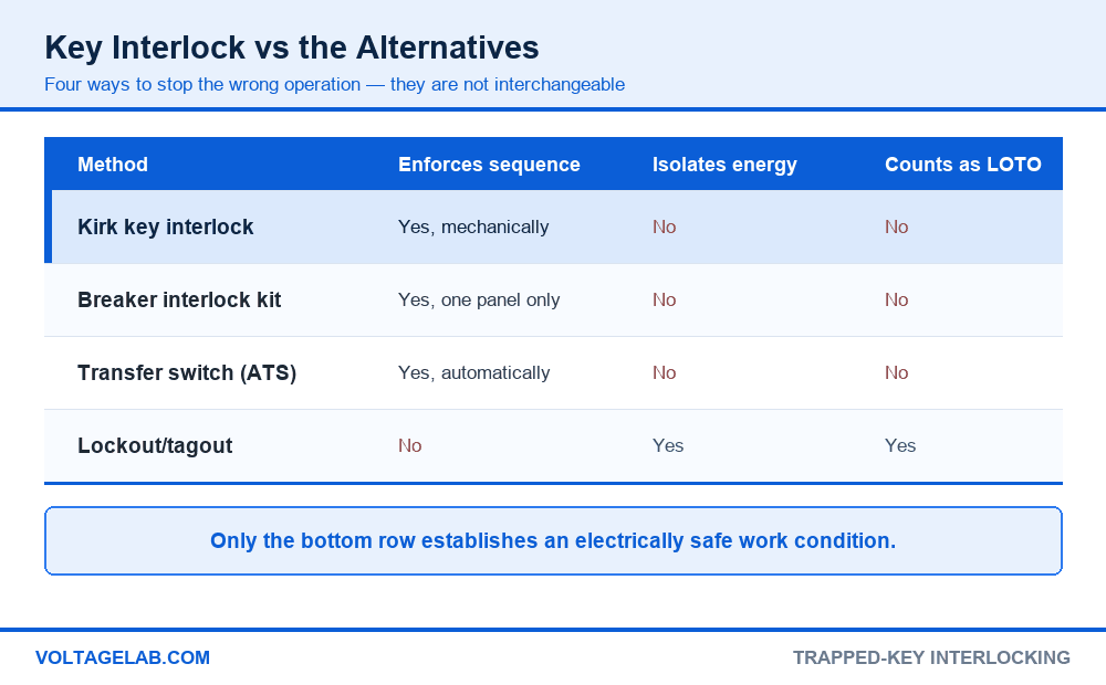 Comparison of Kirk key interlock, breaker interlock kit, transfer switch and lockout tagout showing which isolates energy