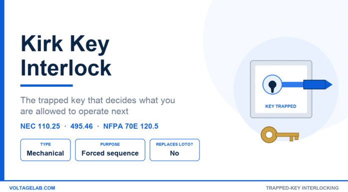 Kirk Key Interlock Explained: How It Works & When It’s Required Kirk key interlock diagram showing a trapped-key lock body, sliding bolt and brass interlock key