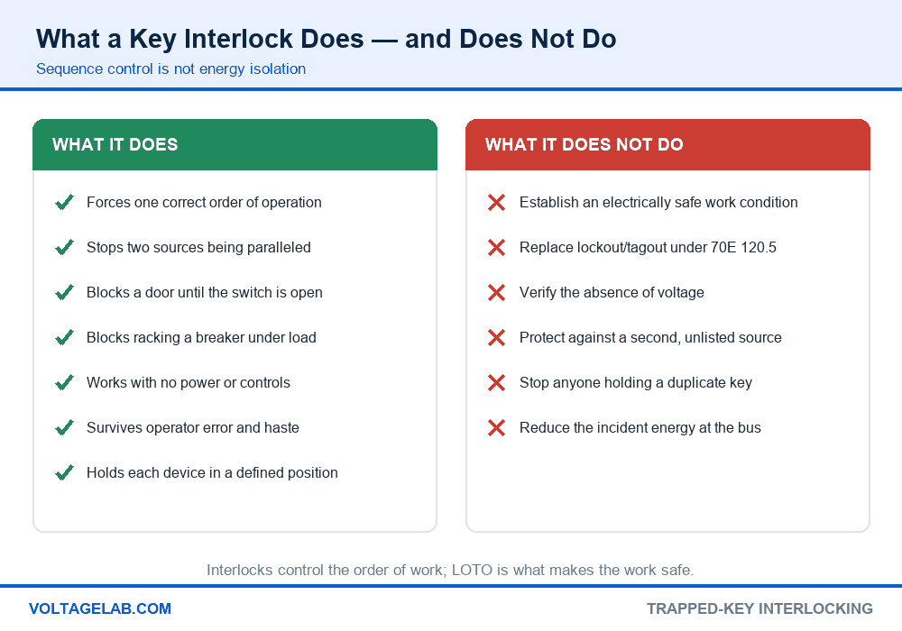 Chart of what a key interlock does and does not do, including why it cannot replace lockout tagout under NFPA 70E