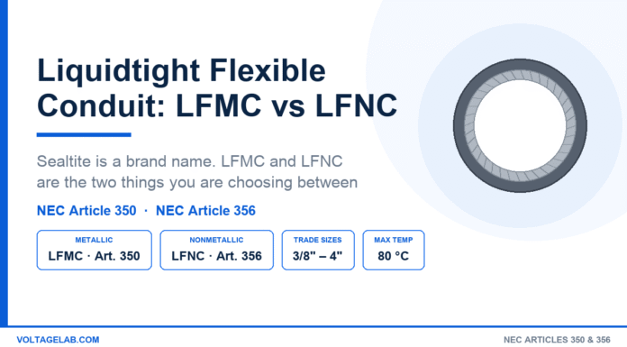 Liquid Tight vs Sealtite: LFMC vs LFNC Conduit Explained Liquidtight flexible conduit cross-section showing PVC jacket and interlocked metal core, comparing LFMC under NEC Article 350 with LFNC under Article 356