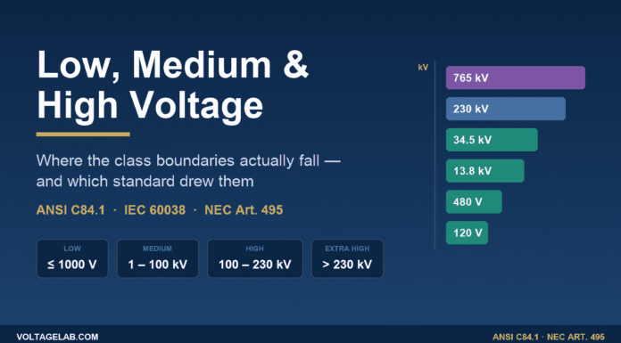 Low, Medium & High Voltage: Definitions and Class Boundaries Low medium and high voltage definition chart showing class boundaries at 1000 V, 100 kV and 230 kV per ANSI C84.1 and NEC Article 495