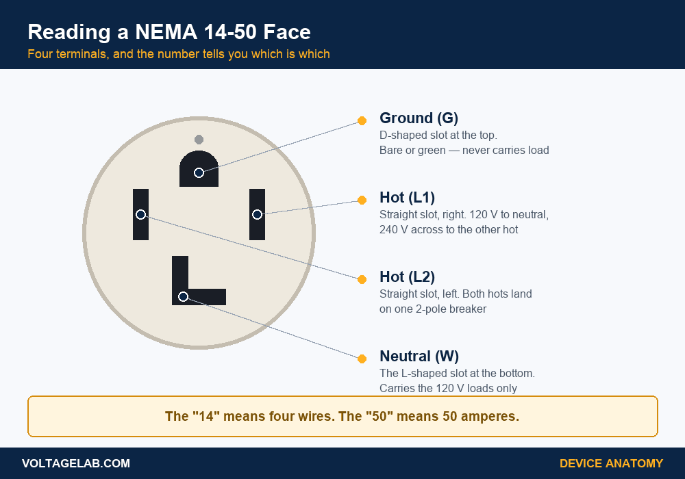 NEMA 14-50 outlet wiring diagram labelling the two hot terminals, the neutral and the equipment grounding conductor