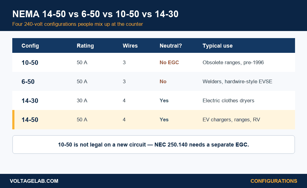Comparison table of NEMA 14-50 vs 6-50 vs 10-50 vs 14-30 showing rating, wire count, neutral and typical uses
