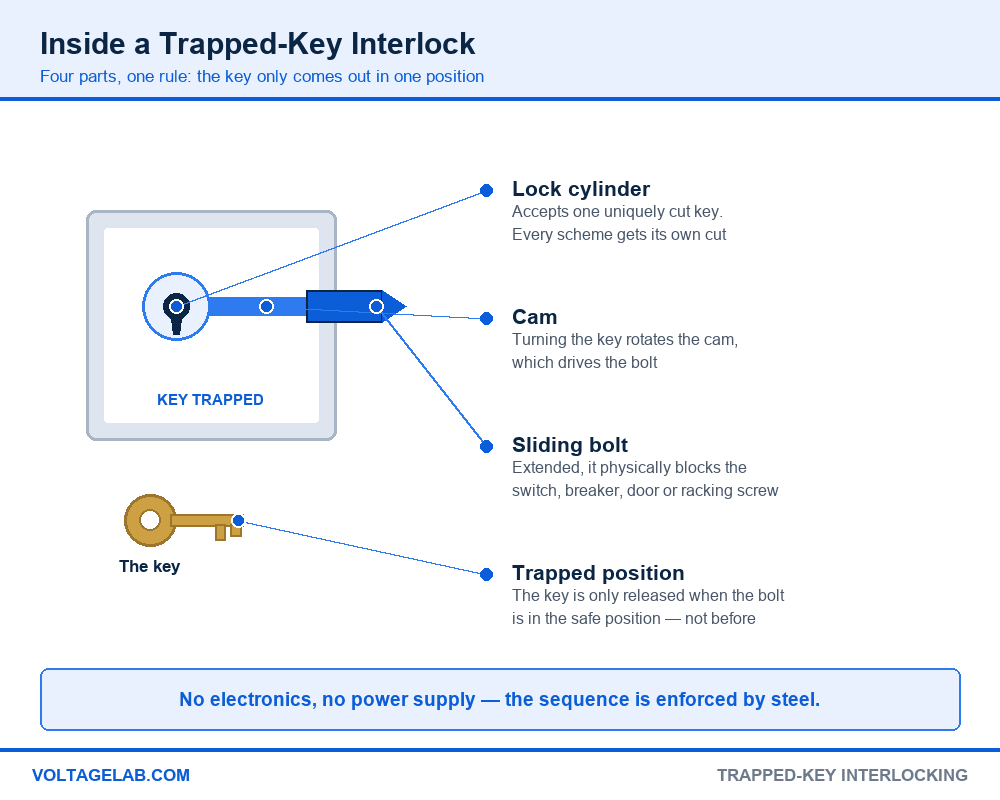 Anatomy of a trapped-key interlock showing the lock cylinder, cam, sliding bolt and trapped key position