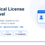 Electrical License Renewal Guide: CE Hours by State (2026) Electrical license renewal guide showing CE hours of 3 to 34 per term and 1 to 3 year renewal cycles across 17 states