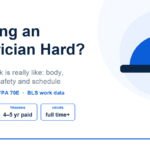 Is Being an Electrician Hard? What the Work Is Really Like Is being an electrician hard: hard hat illustration with lifting up to 50 lb, 4 to 5 year paid training and full-time hours