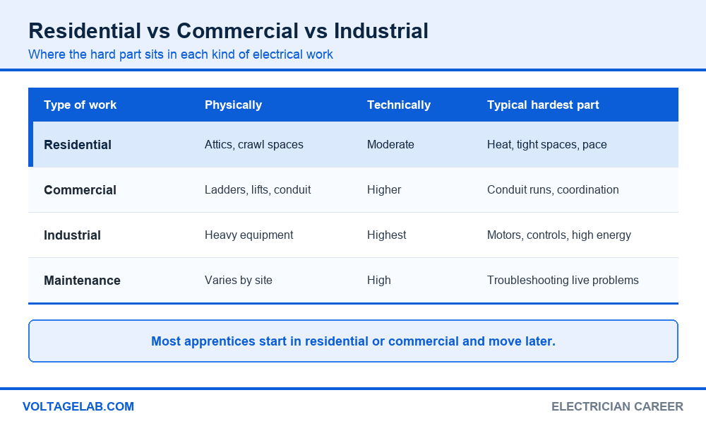 Comparison of residential, commercial, industrial and maintenance electrician work by physical and technical difficulty