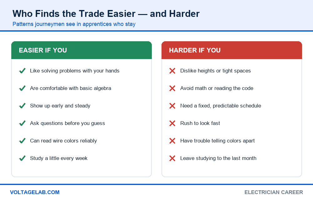 Traits that make electrician work easier or harder, such as comfort with heights, algebra, steady attendance and color vision